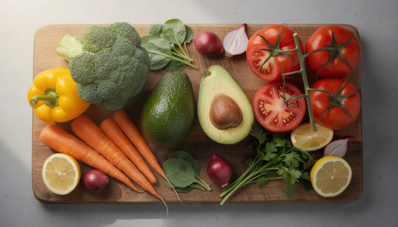 The image displays a vibrant assortment of fresh vegetables and fruits arranged on a wooden cutting board, featuring broccoli, avocados, and tomatoes. These nmn rich vegetables contribute to overall health benefits, supporting cellular health and energy production in the body.