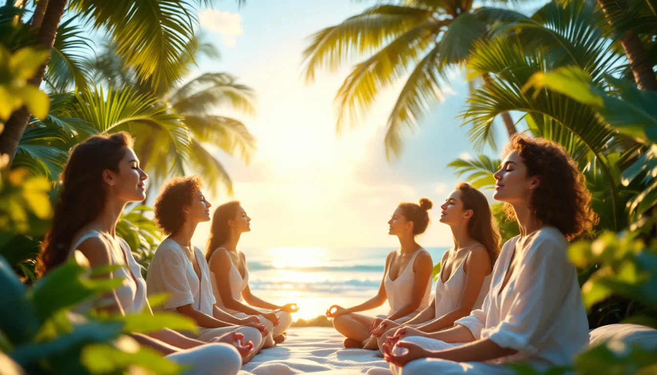A group of individuals engaging in breathwork, reflecting emotional healing and release.