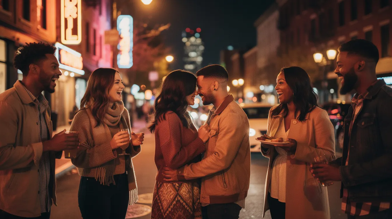 A lively group of friends enjoys a fun date night in Philadelphia, with a couple in love sharing an intimate moment amidst the vibrant atmosphere of the city. They are surrounded by twinkling lights and cozy outdoor seating, perfect for conversation and celebrating their relationship.