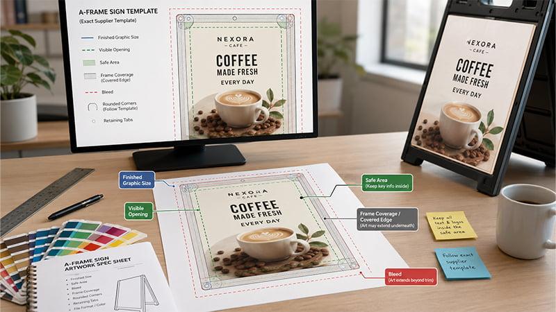 A-frame artwork template showing graphic size, visible opening, safe area, frame coverage, and bleed