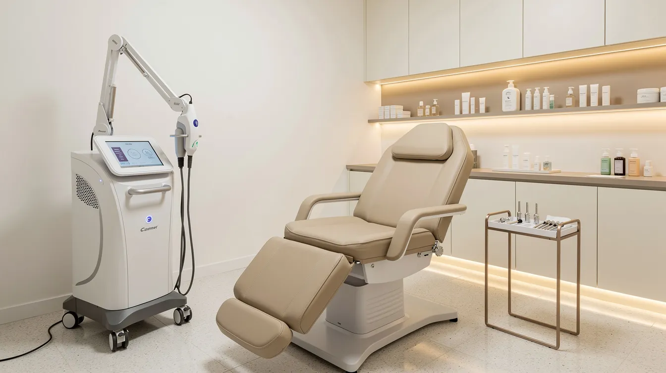 The image depicts a sleek, modern aesthetic treatment room featuring a high-tech laser device and a comfortable treatment chair, designed for minimally invasive laser treatments. This inviting space is ideal for procedures aimed at tightening loose skin and improving overall skin texture, helping patients achieve a youthful appearance with minimal downtime.