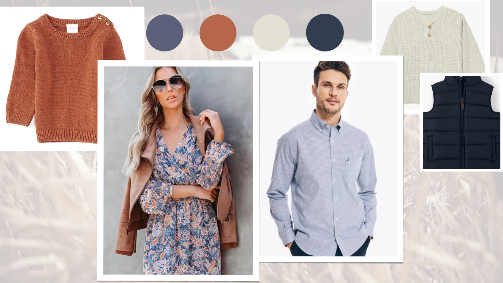 Mood Board with blue and orange family outfits