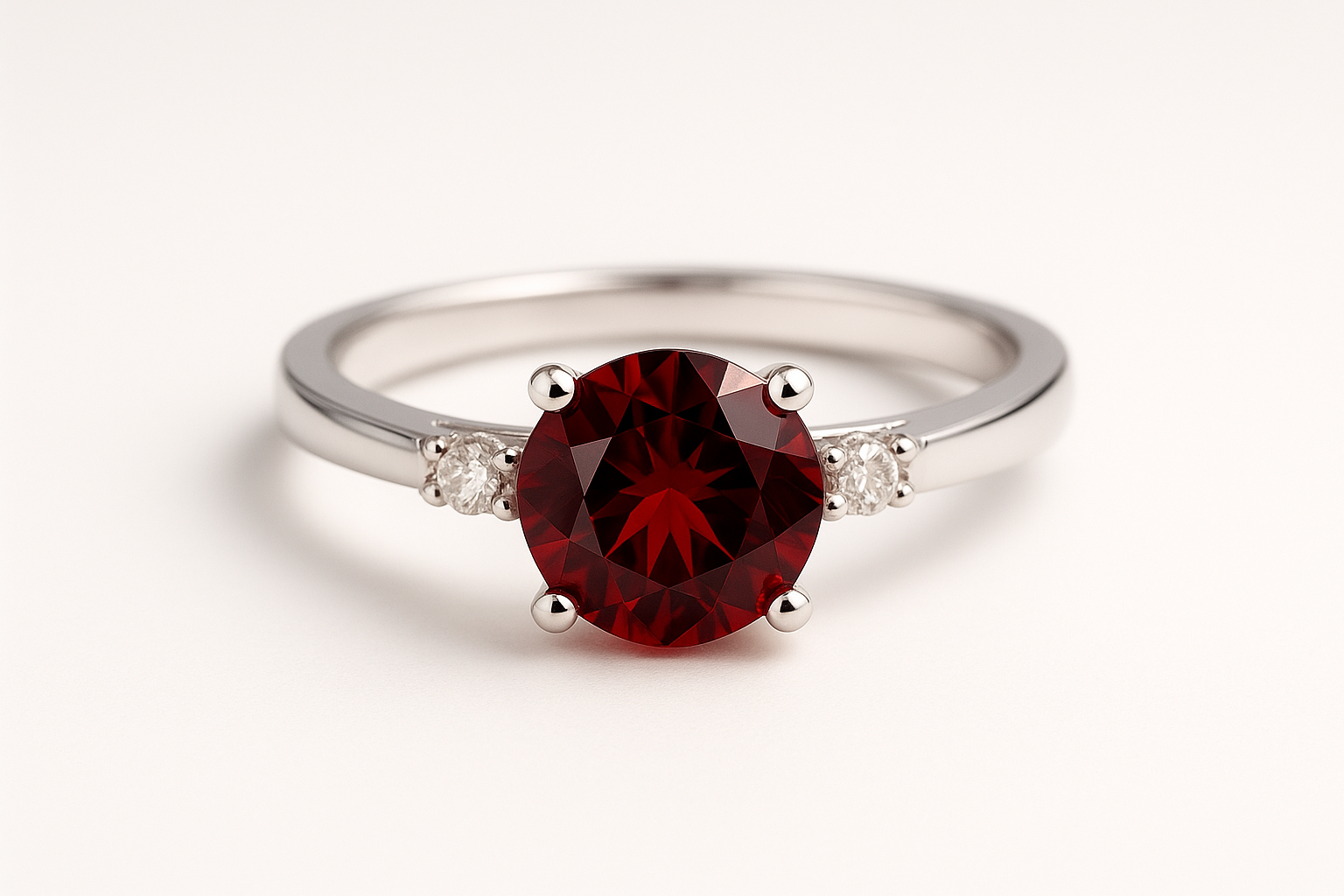 Sužadėtuvių žiedas su apvaliu raudonu granatu centre, baltas auksas, šoniniai deimantai.