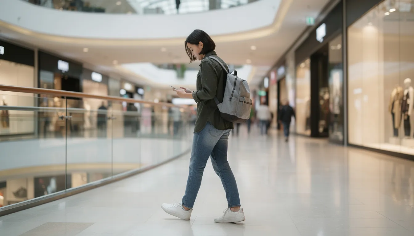 A person is seen walking through a modern shopping mall while using a smartphone, likely managing their mobile data or checking compatibility for an eSIM plan. The vibrant atmosphere of the mall contrasts with the individual's focused engagement on their device, emphasizing the importance of staying connected with unlimited data during their adventure.