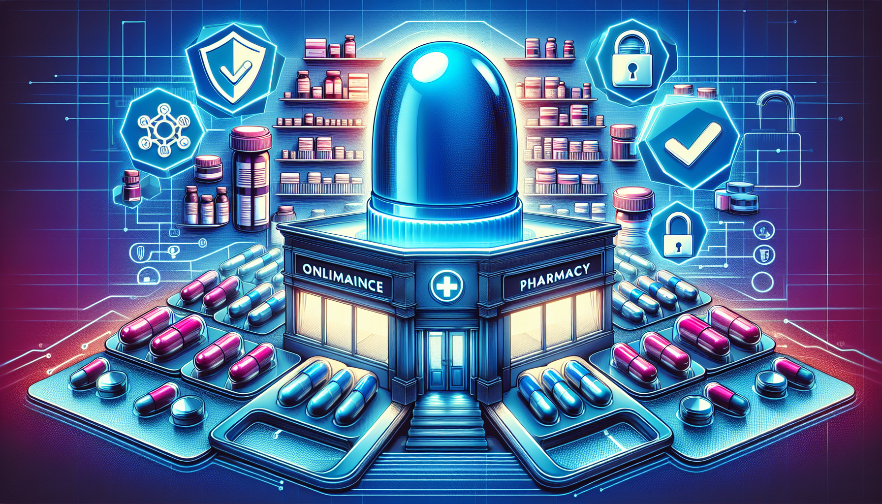 Een kleurrijke illustratie van een betrouwbare online apotheek die Cialis verkoopt