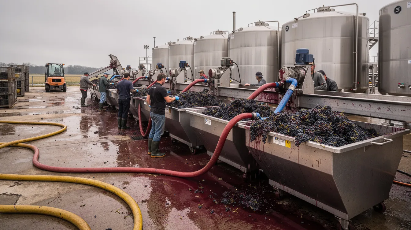 The image depicts a bustling winery crush pad during harvest season, filled with metal bins overflowing with ripe purple grapes, hoses scattered across the wet concrete, and vineyard workers in boots actively participating in the grape harvesting process. This vibrant scene captures the essence of Napa Valley's winemaking activities, showcasing the dedication of grape growers and the excitement of the wine country during this critical time.