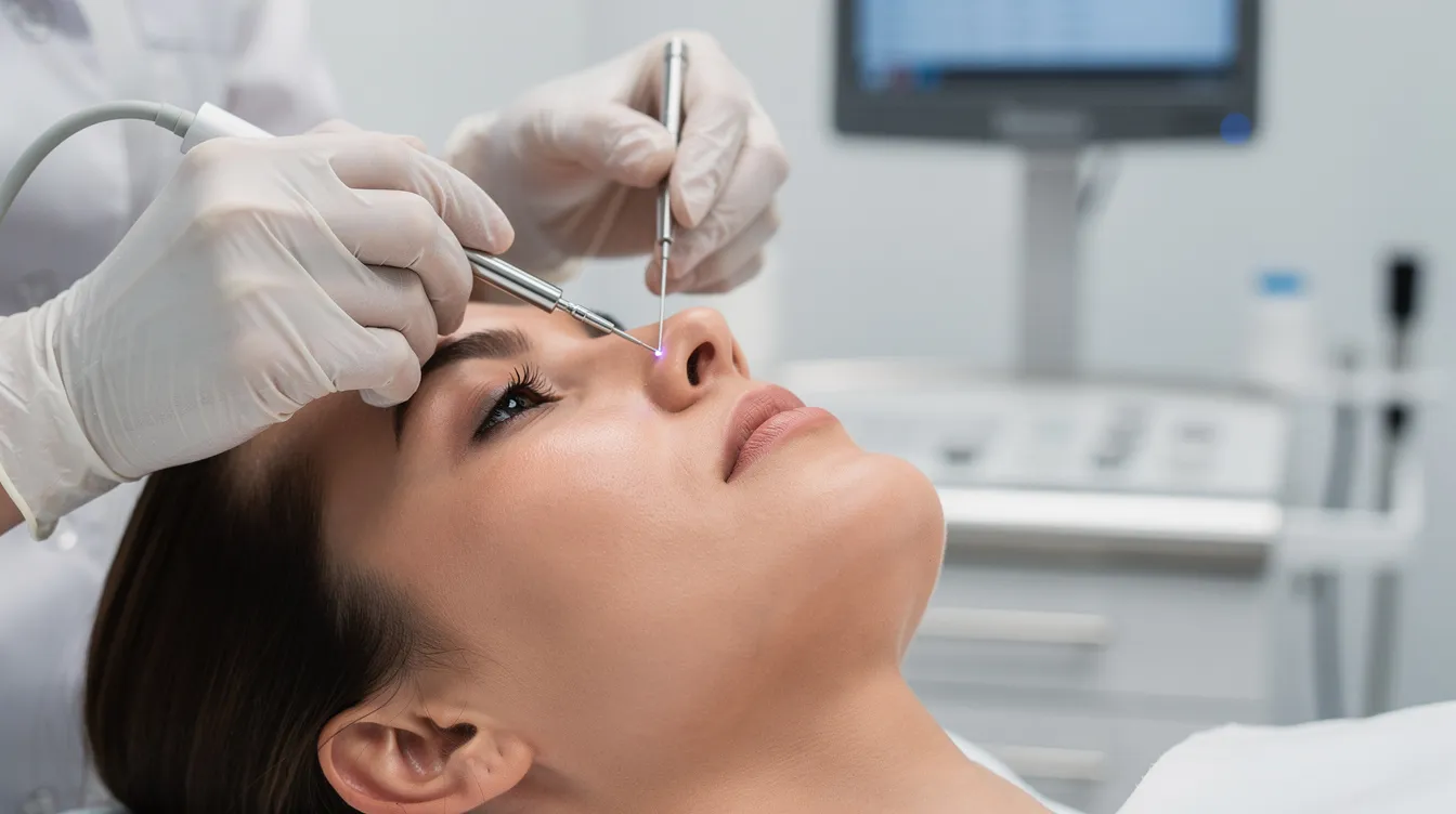 A close-up image shows a practitioner holding a thin laser fiber near a patient's jawline in a clean clinical setting, emphasizing the minimally invasive laser treatment aimed at stimulating collagen production for skin tightening and improving skin elasticity. This advanced laser technology offers a non-surgical option for facial rejuvenation with minimal downtime and discomfort.