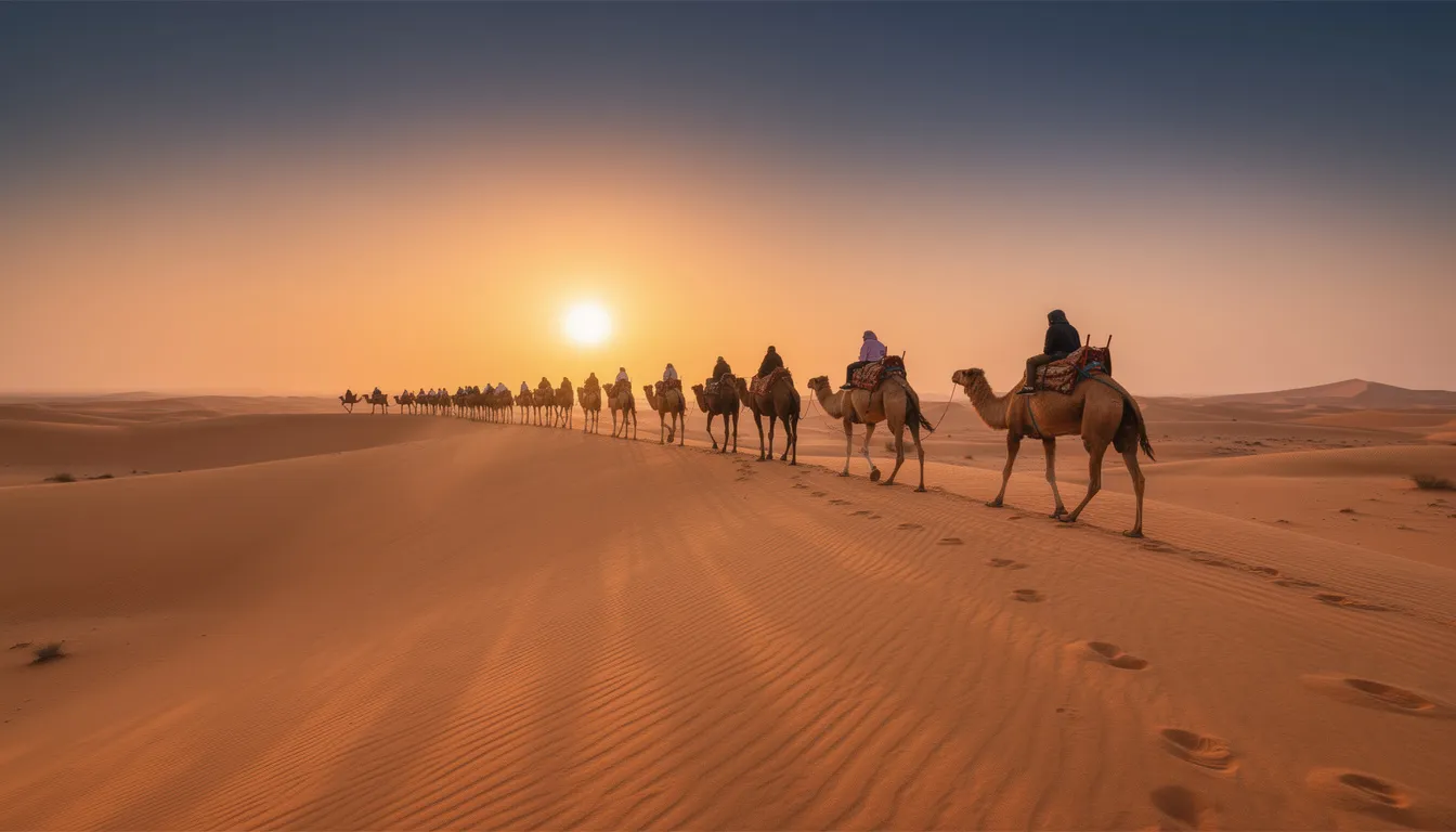 A camel caravan moves gracefully across golden sand dunes during sunset in the Sahara desert, creating a serene and picturesque scene. Female travelers in the background are dressed conservatively, wearing long dresses and lightweight scarves to respect local customs while enjoying their Morocco trip.