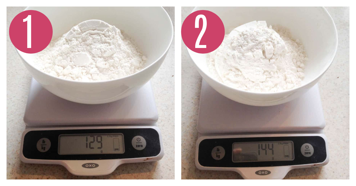 two side by side photos of bowls of flour on a kitchen scale