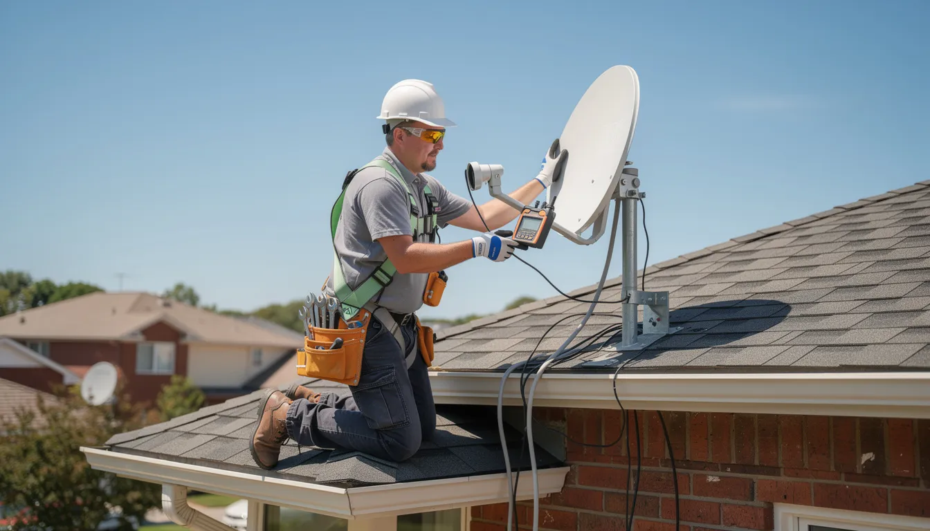 A professional technician is seen adjusting the alignment of a satellite dish on a residential rooftop, ensuring optimal signal reception for DSTV installation services. This skilled technician is focused on providing quality service for uninterrupted viewing, showcasing the expertise of accredited DSTV installers in Knysna.