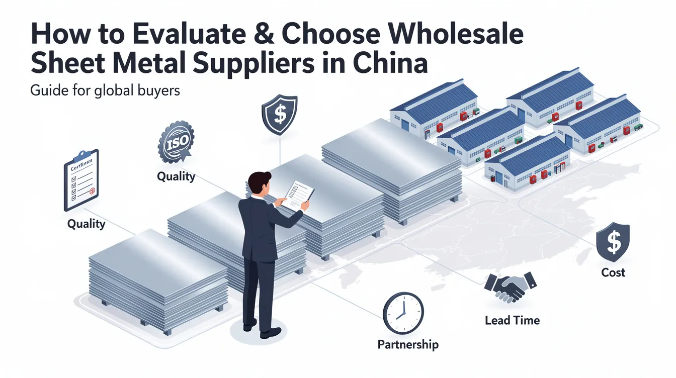 The image illustrates a guide on evaluating and choosing wholesale sheet metal suppliers in China, featuring various sheet metal fabrication services such as precision sheet metal parts and custom metal fabrication. It highlights the importance of quality control, advanced technology, and manufacturing capabilities in the sheet metal production process.