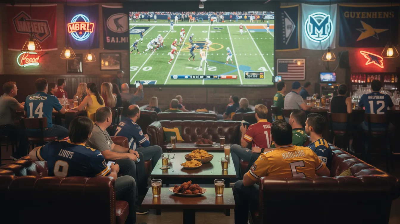 The image depicts a lively sports bar filled with enthusiastic fans watching a live football game on a large screen, seated comfortably in a vibrant atmosphere. The scene captures the excitement of live sports, highlighting the enjoyment of streaming live TV channels through reliable IPTV services.