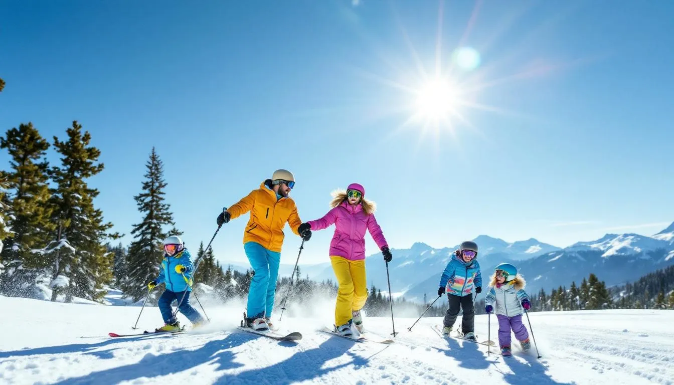 The image depicts happy families skiing together on a sunny mountain slope, with both children and adults fully engaged in winter activities amidst the beautiful landscape of Utah's ski resorts. They are enjoying the greatest snow on earth, creating joyful memories in the winter months.