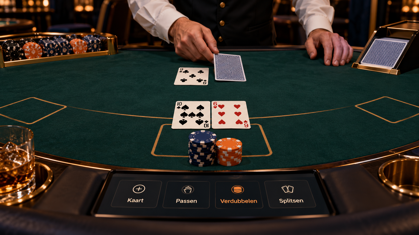 Live blackjack met croupier, speelkaarten, fiches en digitale inzetopties.