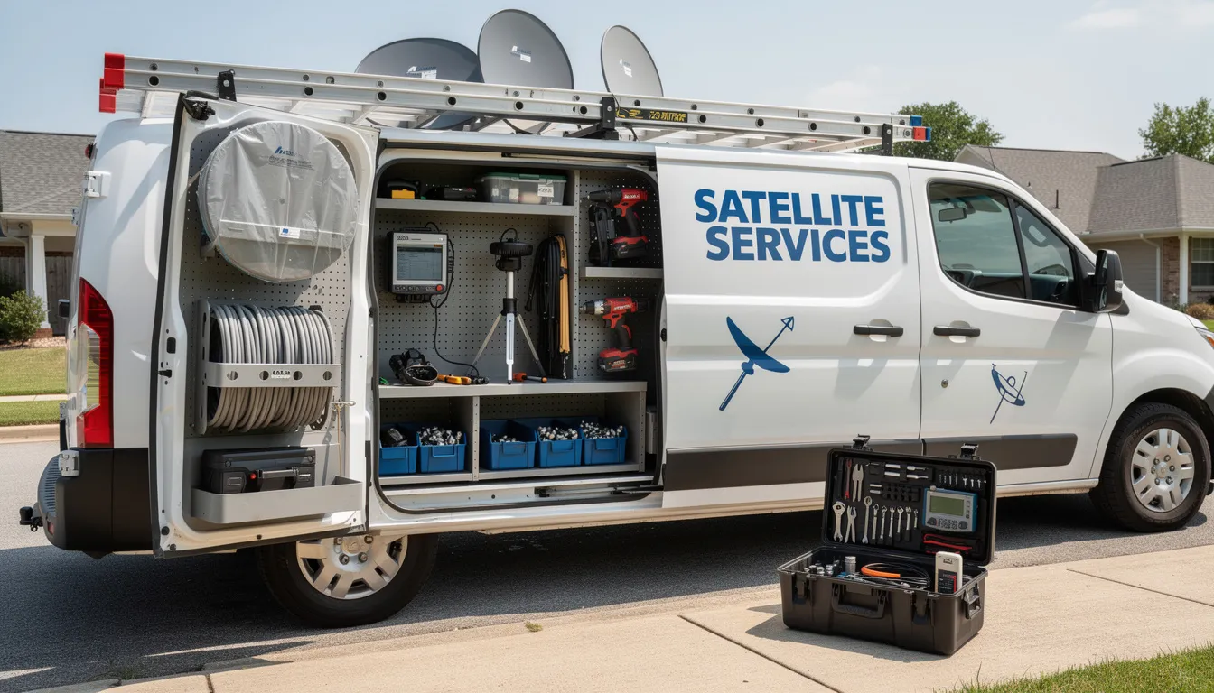 A service van equipped with various satellite installation tools and equipment is parked, ready for dstv installation services. This van represents reliable dstv installers in Pinelands, offering professional installation and repair services for home entertainment systems.
