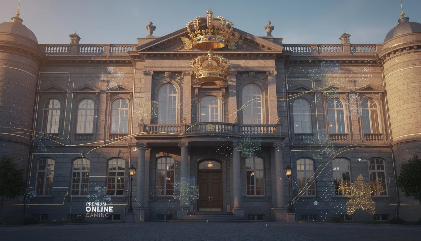 En elegant fasad av ett slott med en kunglig svensk krona, som symboliserar premium online gaming hos kungaslottet. Denna bild förmedlar en känsla av lyx och exklusivitet, perfekt för spelare som söker en unik upplevelse med live casino och bonusar.