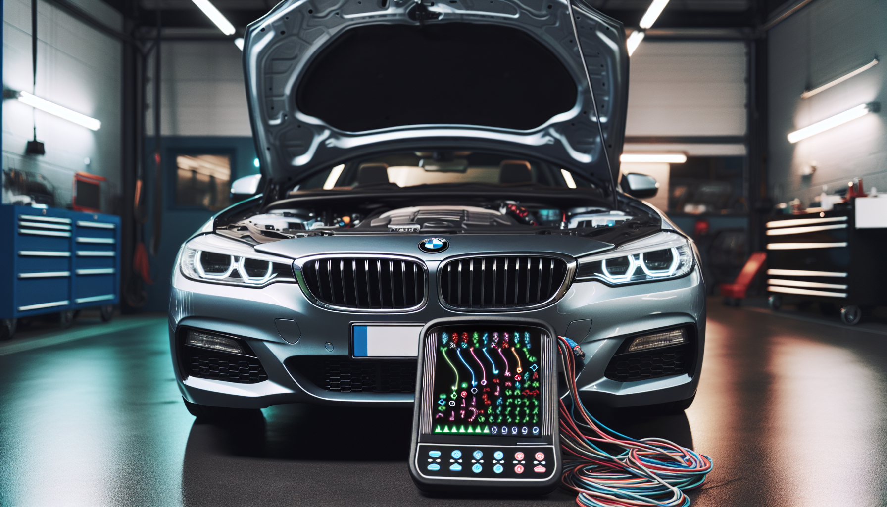 A diagnostic tool being used on a BMW engine