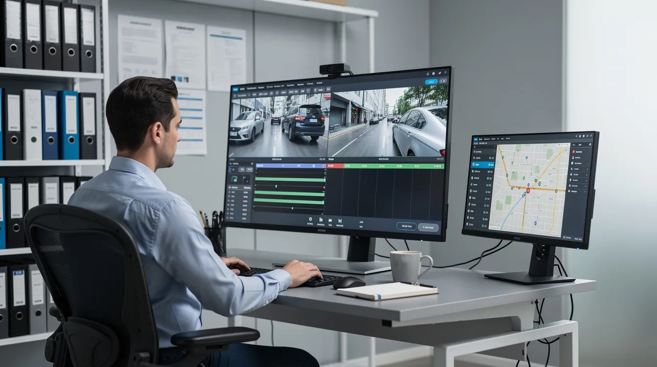 MDVR Storage Options: A fleet manager is intently reviewing recorded footage from a mobile digital video recorder (MDVR) on a computer monitor in an office, focusing on video surveillance data to enhance operational efficiency and driver monitoring for commercial vehicles. The setup allows for real-time video streaming and effective data security, utilizing SD card storage for ample storage space.