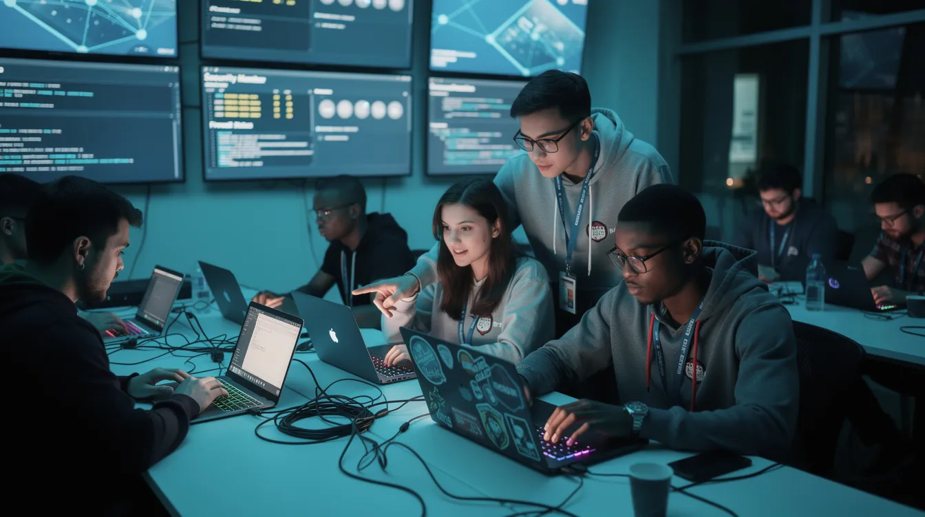 A diverse group of young professionals is actively collaborating at a cybersecurity hackathon, surrounded by laptops and large screens displaying various cybersecurity concepts. They are engaged in hands-on projects, showcasing their technical knowledge and practical skills in areas such as penetration testing and security operations, while also fostering essential soft skills like communication and teamwork.