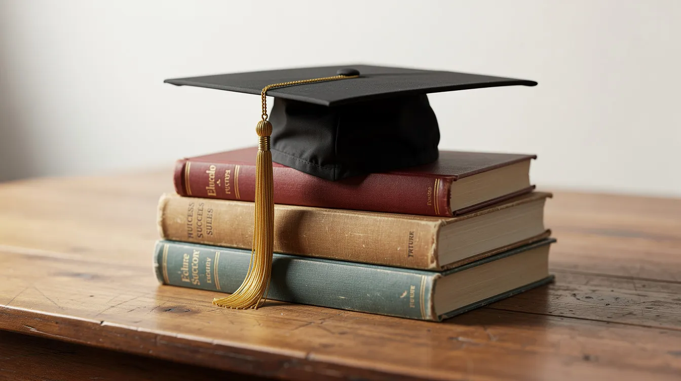 An image of a graduation cap placed atop several books on a wooden desk, symbolizing achievement in higher education and the journey towards obtaining authentic diplomas and degrees. The scene conveys a sense of pride and accomplishment, perfect for those considering their educational milestones.