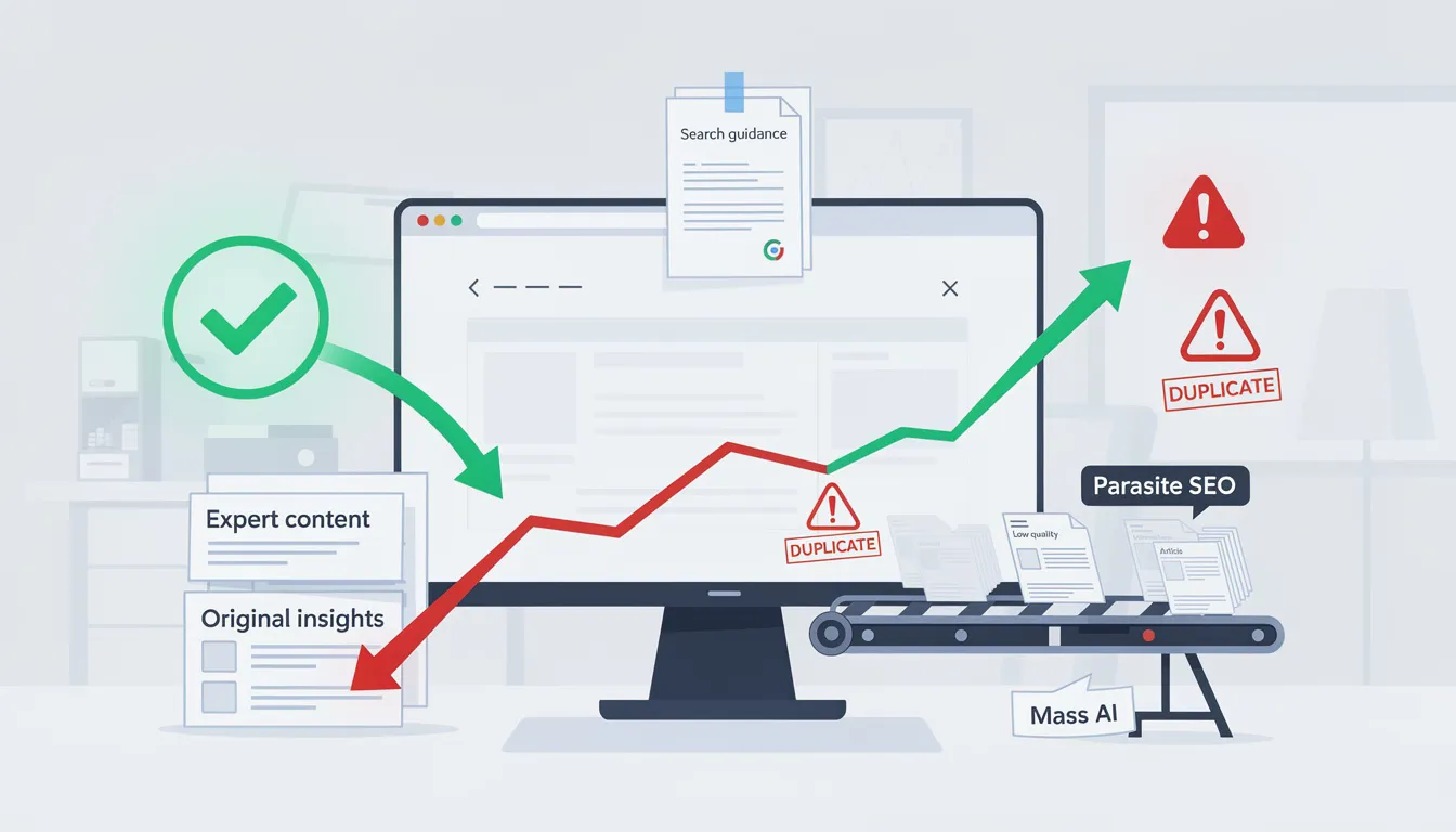 The image illustrates the importance of avoiding common SEO mistakes to enhance a website's ranking in Google search results. It emphasizes content quality and highlights recent algorithm updates that penalize duplicate content and manipulative tactics, reinforcing the need for genuine, expert-driven content to improve search visibility.