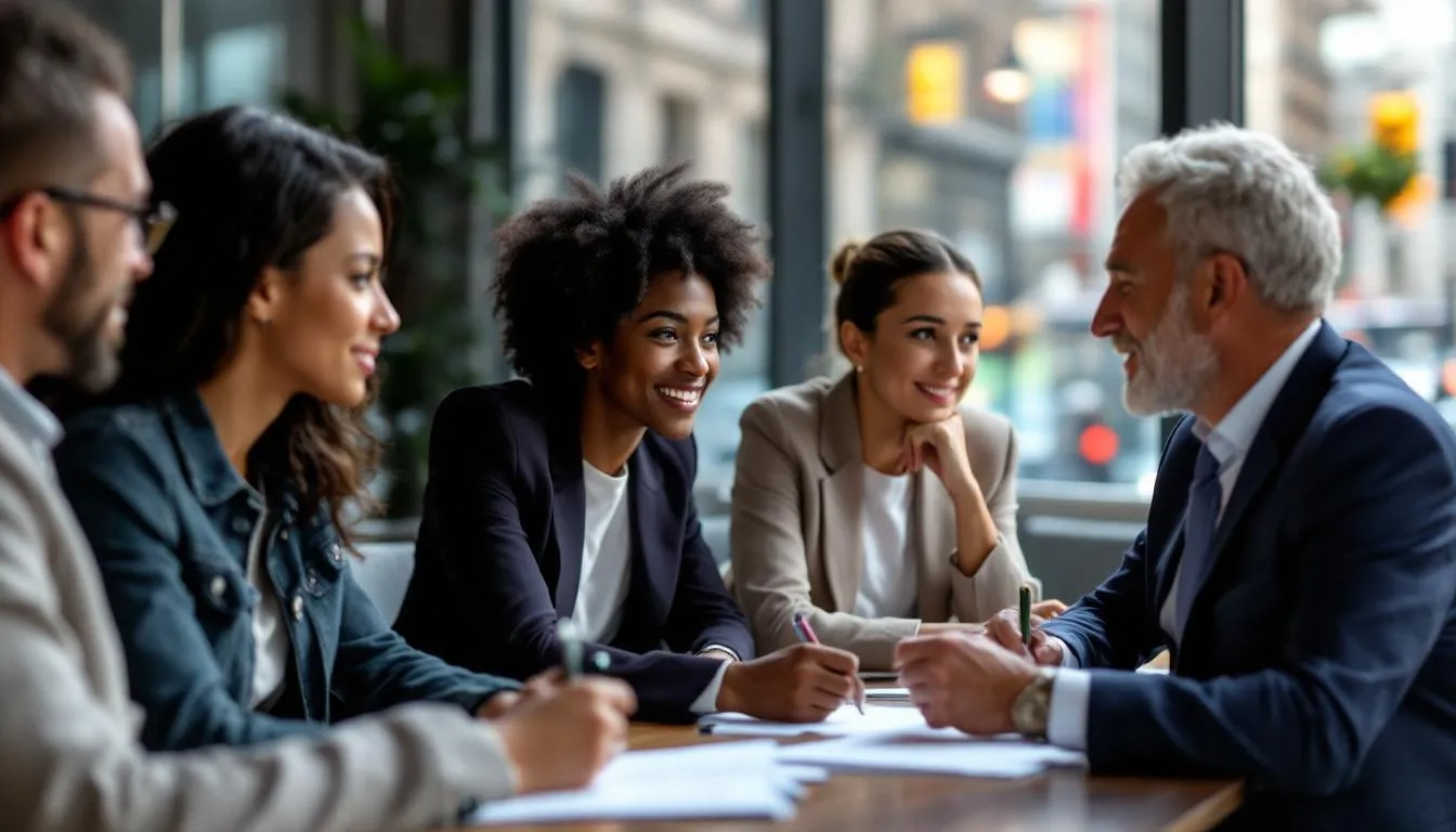 A diverse group of therapists, aged between 30s and 60s, are engaged in a training session on schema therapy, seated in a well-lit room with a New York City backdrop. They are actively discussing, taking notes, and dressed in business casual attire, reflecting a commitment to ongoing professional development in mental health practices.