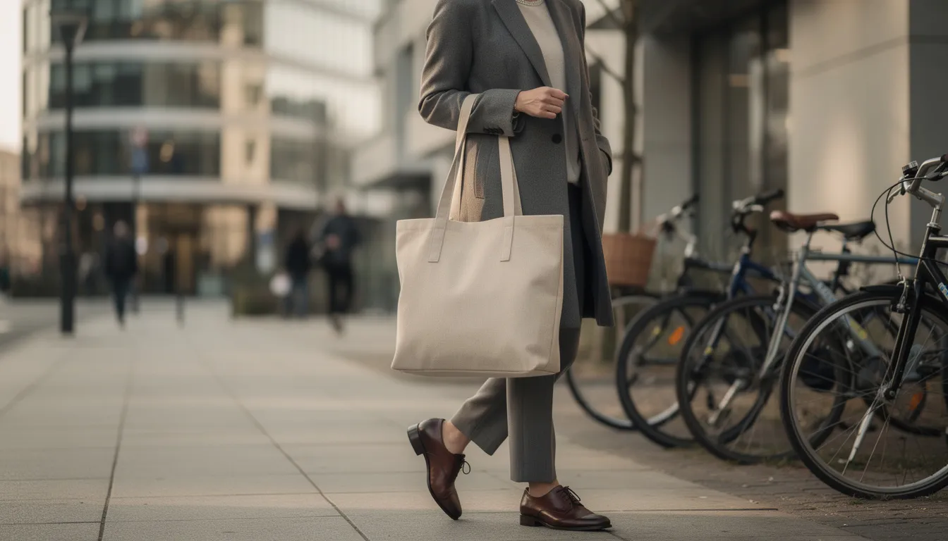 Na zdjęciu widoczna jest osoba nosząca elegancką torbę bawełnianą przez ramię, spacerująca w miejskiej przestrzeni. Torba wykonana z wysokiej jakości bawełny ekologicznej, idealna na zakupy, wyróżnia się modnym designem i praktycznością.