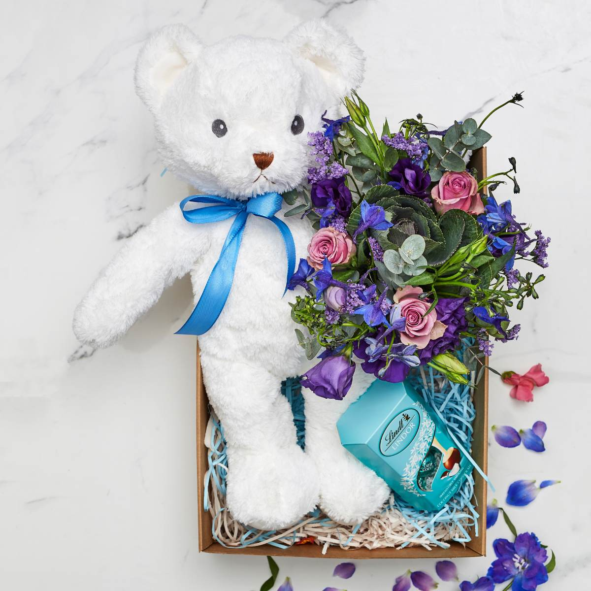 baby boy gift box from fabulous flowers, teddy bear, lindt chocolate, flower arrangement, posy