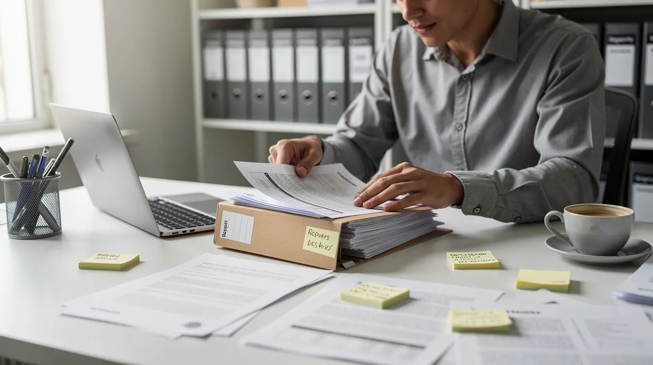 A person is seated at a desk, carefully organizing various documents related to business loans in a folder, which may include bank statements and proof of identity. This scene reflects the meticulous loan process often undertaken by eligible borrowers seeking financial assistance from institutions like micro finance institutions or small finance banks.