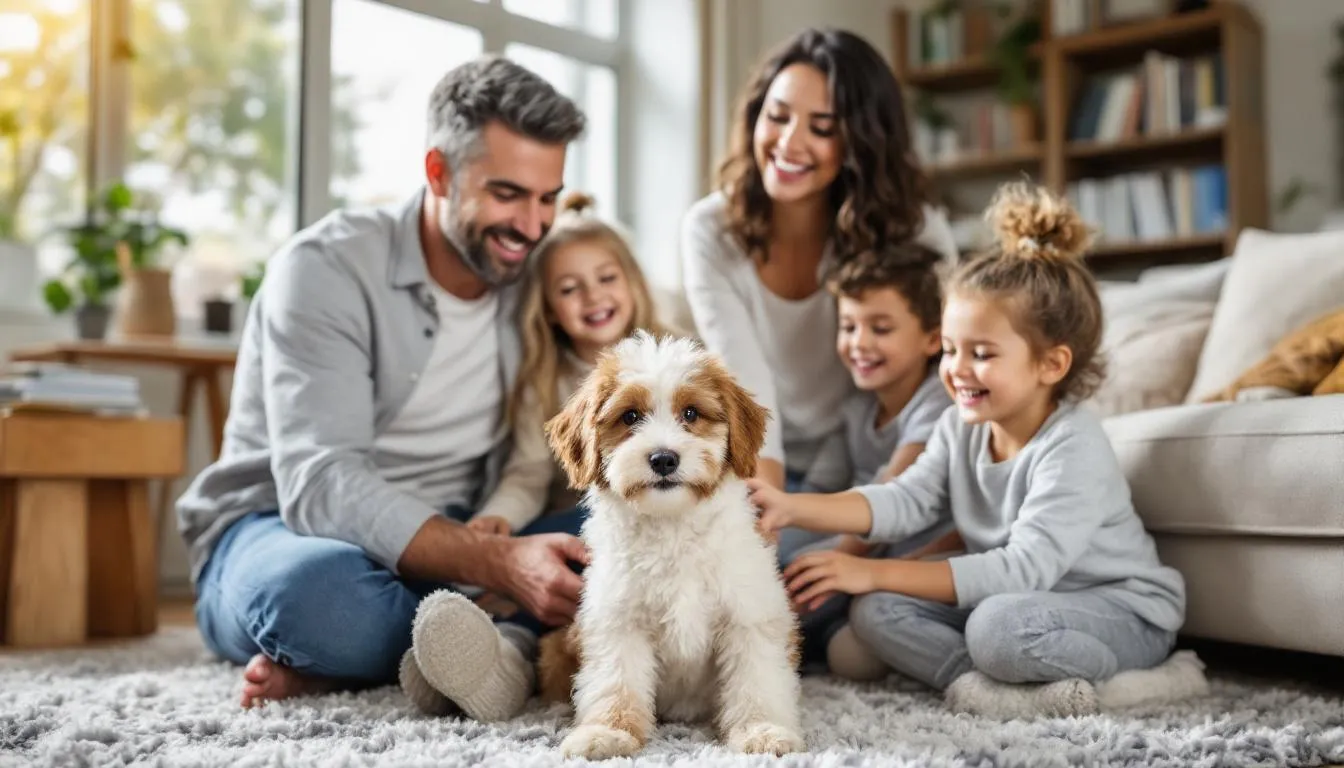 A happy family is playing with their miniature doodle dog in a cozy living room, showcasing the dog