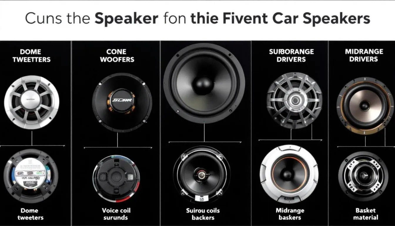 The image features a close-up comparison of various car speaker types, highlighting their construction differences. Each speaker is designed to deliver high quality sound and deep bass, showcasing the technology and innovation behind car audio systems.