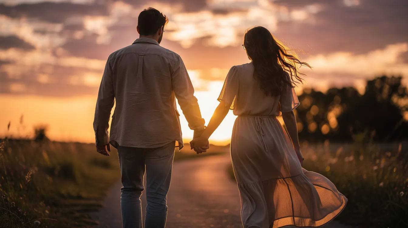 A couple is holding hands while walking together at sunset, symbolizing their commitment and quality time spent as romantic partners. This serene moment reflects the importance of nurturing a good marriage and managing marital problems to avoid divorce.