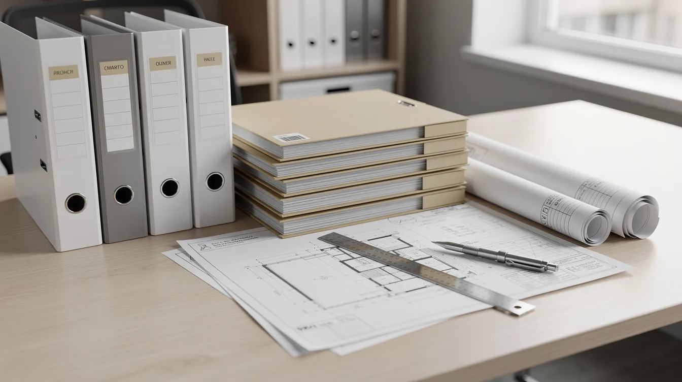 An organized stack of project files, binders, and construction documents is neatly arranged on an office desk, showcasing essential materials for managing construction projects, including original contracts, change orders, and documentation for dispute resolution. This setup emphasizes the importance of clear documentation and legal guidance in navigating contract claims and project delays.