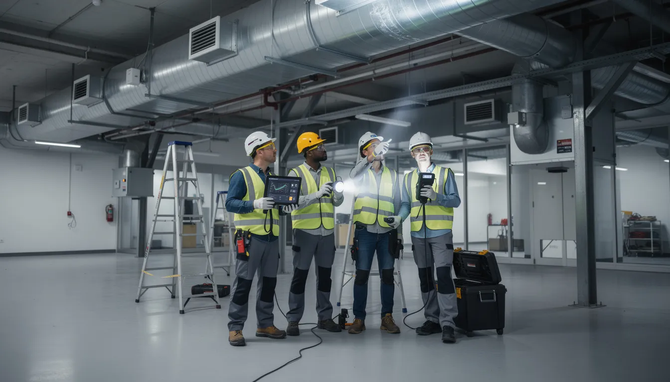 A team of air quality professionals, dressed in work gear, is conducting a detailed inspection of a commercial building's HVAC system to assess indoor air quality and identify any potential issues such as mold growth or indoor pollutants. Their focus is on ensuring cleaner air and improving the indoor environment for better health and well-being.