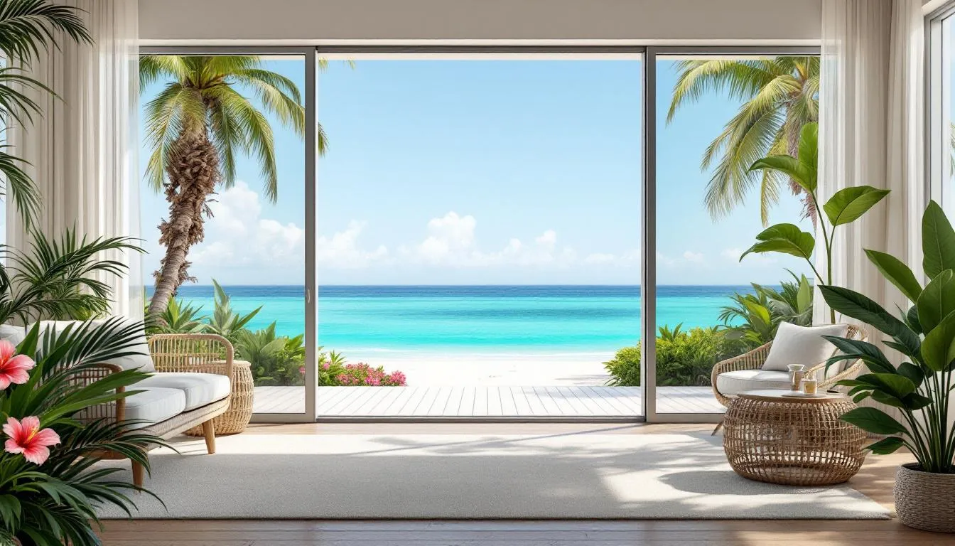 The interior of a luxury beachfront home features large windows that offer stunning Gulf views, complemented by tropical landscaping outside. This elevated home, located in Sanibel, showcases the beauty of island living and is ideal for prospective property consumers interested in Sanibel Island real estate.