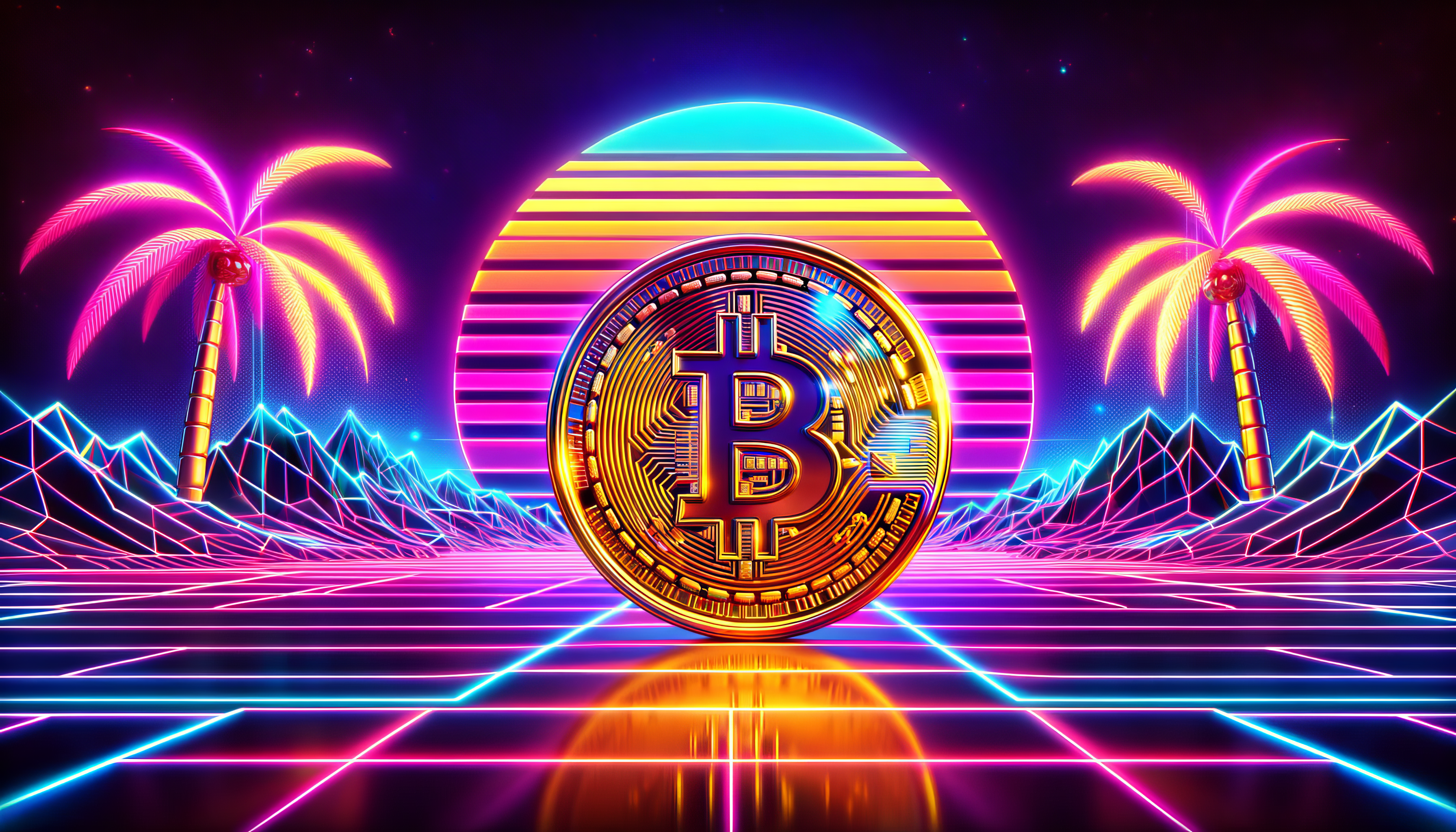 Bright illustration of bitcoin logo, coupled with palm trees 