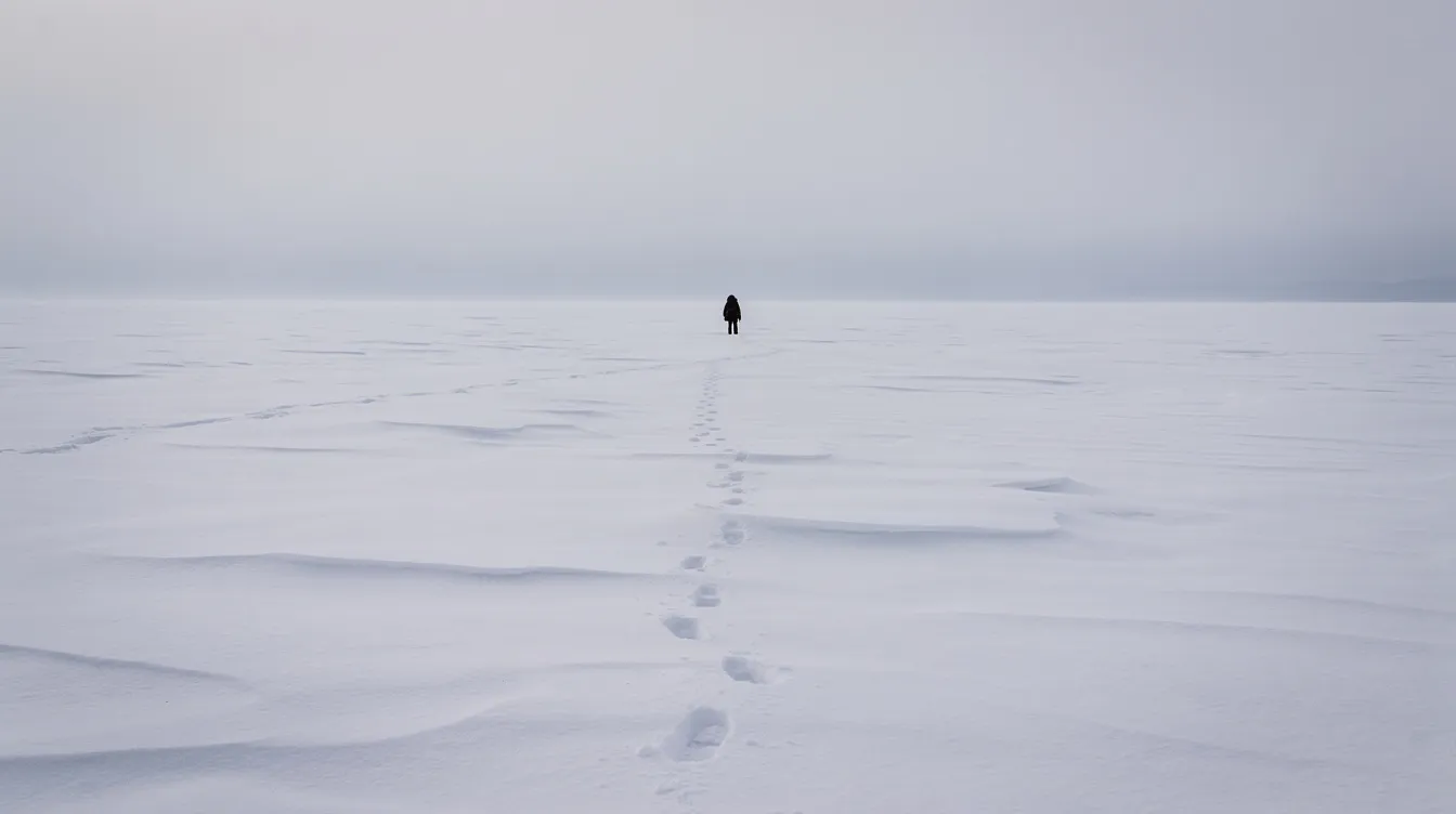 Eine endlose weiße Schneefläche erstreckt sich unter einem blassen Winterhimmel, während in der Ferne eine winzige menschliche Silhouette, die an einen Charakter aus der Serie "Fargo" erinnert, durch den Schnee stapft. Die ruhige Szene vermittelt ein Gefühl von Einsamkeit und Kälte, das typisch für die Handlung der Coen-Brüder ist.