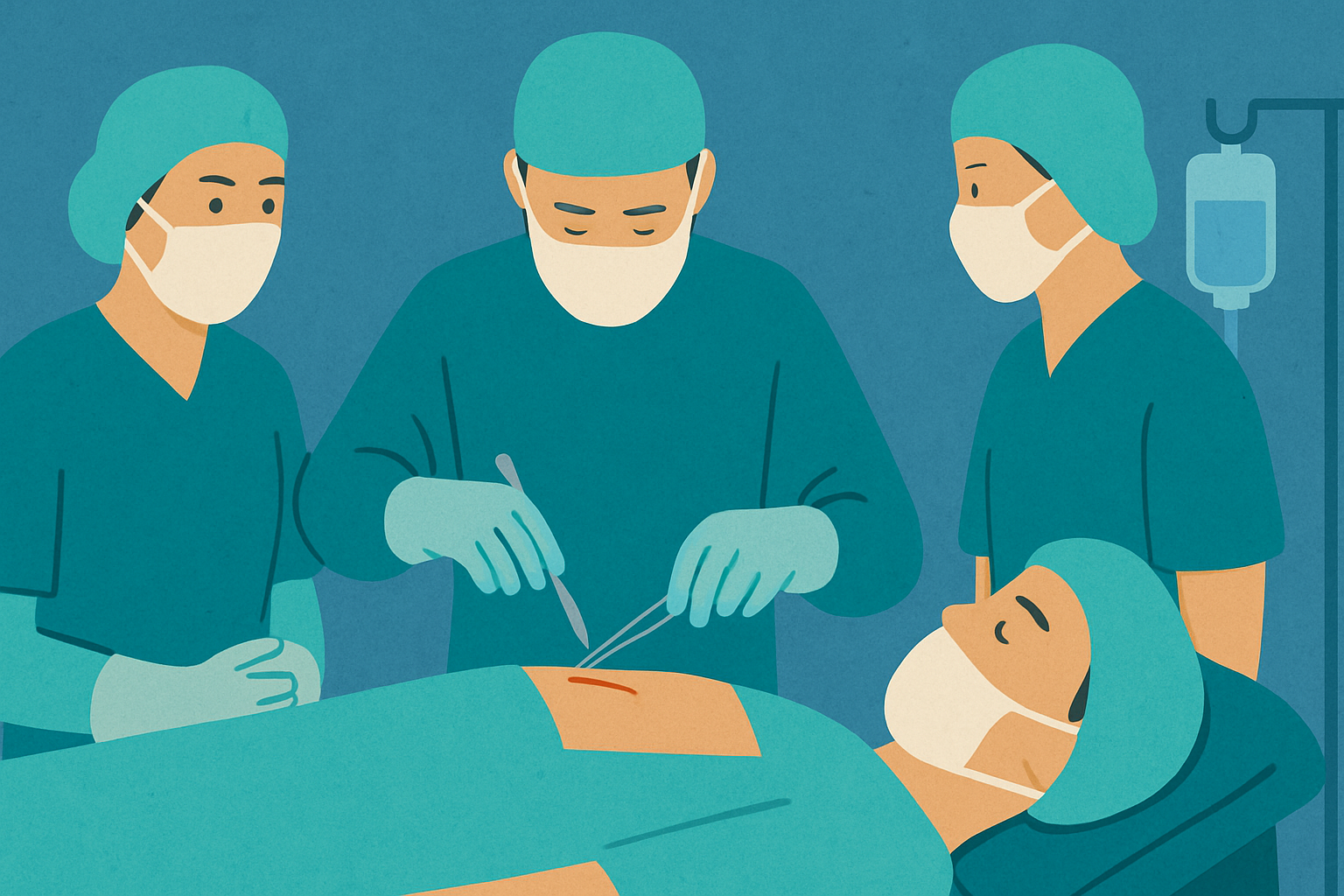 Kirurger og helsepersonell i operasjonssal som arbeider fokusert under inngrep for å unngå risiko og komplikasjoner.