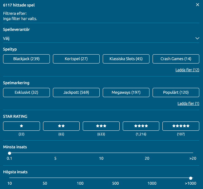 EUcasino avancerad filtrering av slots och bordsspel på online casino med svensk licens