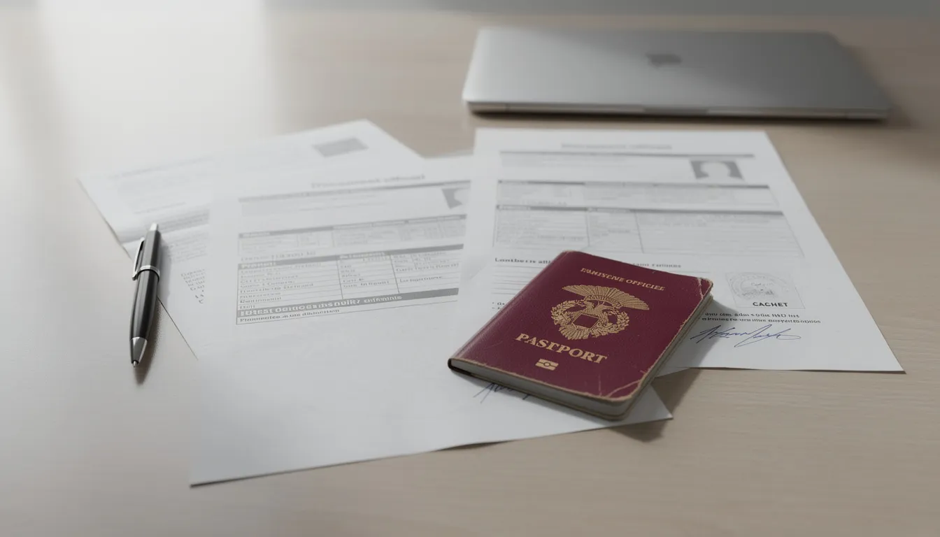 L'image montre des documents officiels et un passeport soigneusement posés sur un bureau. Ces éléments symbolisent le processus d'immigration et de demande de résidence permanente au Canada, en lien avec l'entrée express et les programmes pour travailleurs qualifiés.