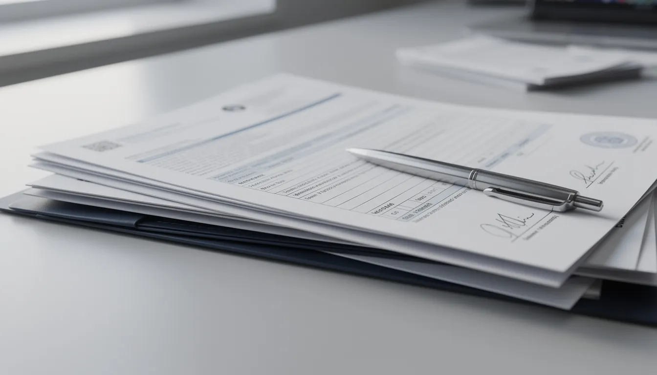 Auf einem Schreibtisch liegen stapelweise offizielle Dokumente und Formulare, begleitet von einem Stift. Diese Unterlagen könnten Informationen zur Gründung eines Cannabis Social Clubs oder zur Legalisierung von Cannabis enthalten.