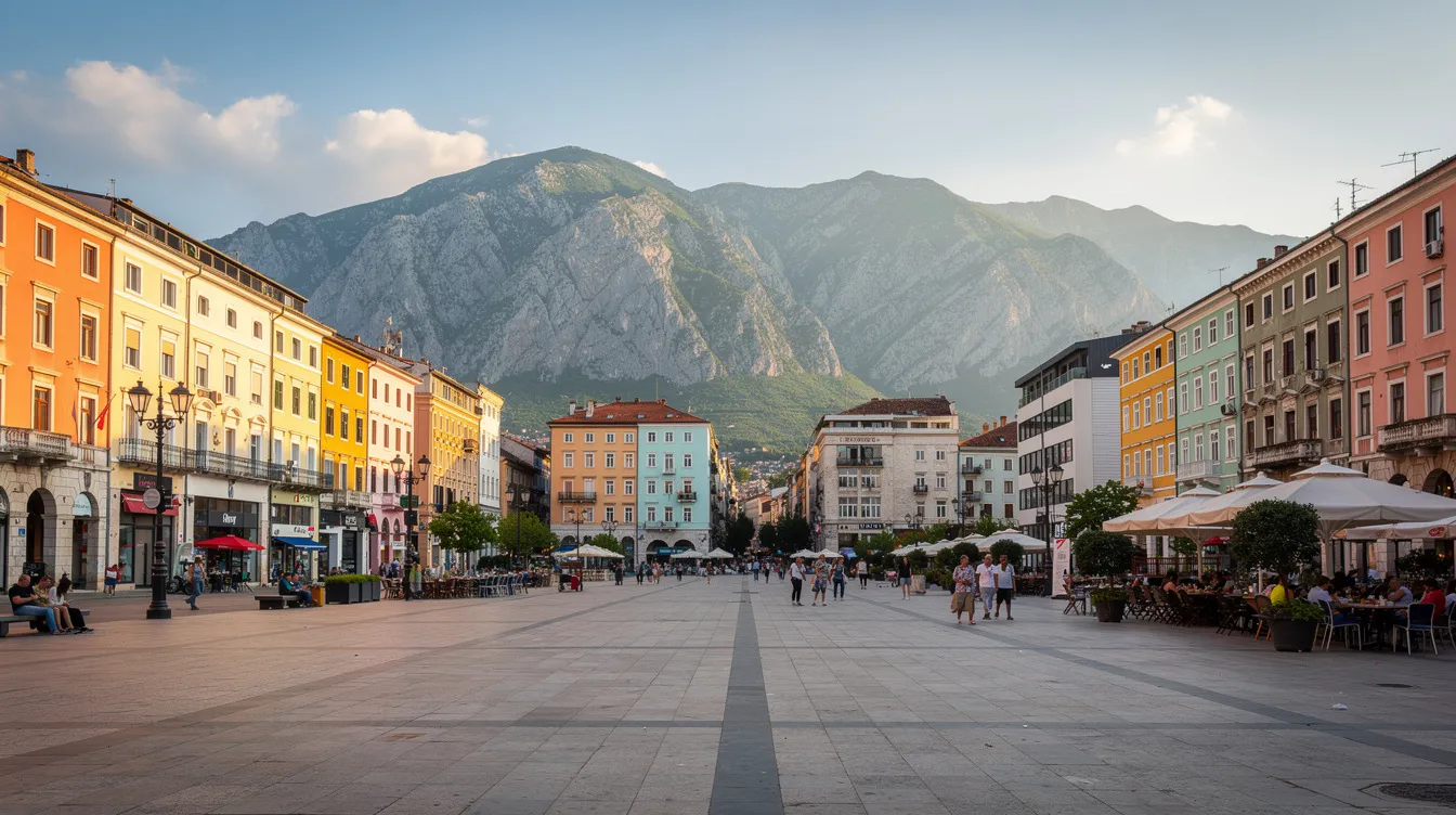 A imagem mostra uma ampla praça em uma capital balcânica, cercada por edifícios coloridos e com montanhas majestosas ao fundo. A cena reflete a rica cultura e diversidade da região, possivelmente da Macedônia ou da Croácia.