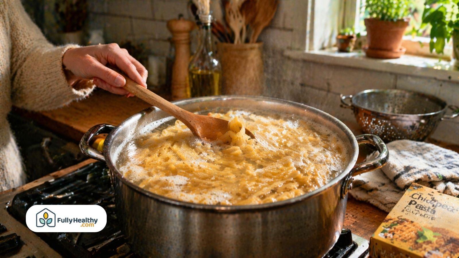 Person stirring chickpea pasta in boiling pot with foam in kitchen