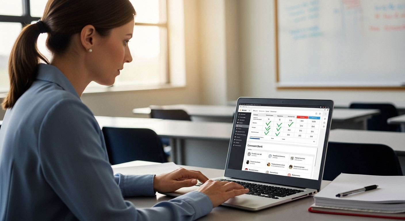 Teacher using rubric-based grading and comment banks to provide consistent feedback in large classes.