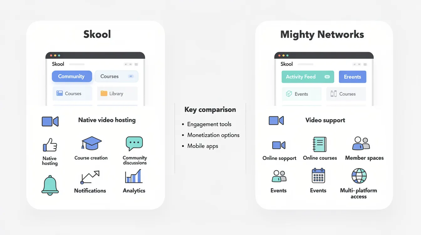 The image illustrates a comparison between Skool and Mighty Networks, focusing on their community platform features such as native video hosting, course creation, and community engagement tools. It provides insights for users considering which platform to choose for building and managing their online communities.