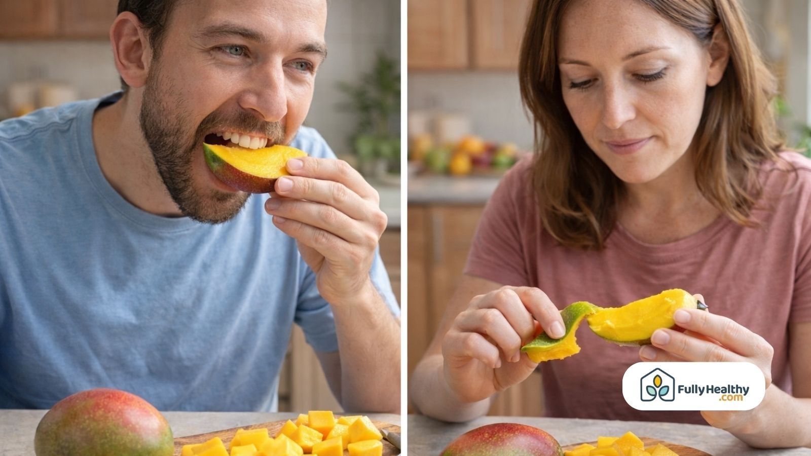 Man eating mango with skin woman peeling mango side-by-side comparison