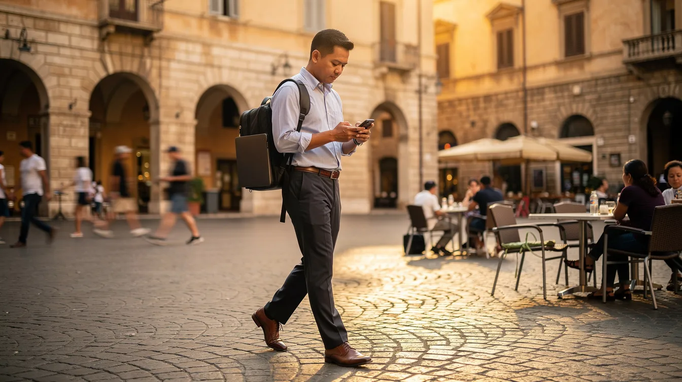 A Filipino professional is seen walking through a picturesque Italian piazza, engrossed in their smartphone, with historic buildings towering in the background. This scene captures the essence of modern travel, where digital financial services like GCash enable users to manage their finances seamlessly while exploring top European destinations.