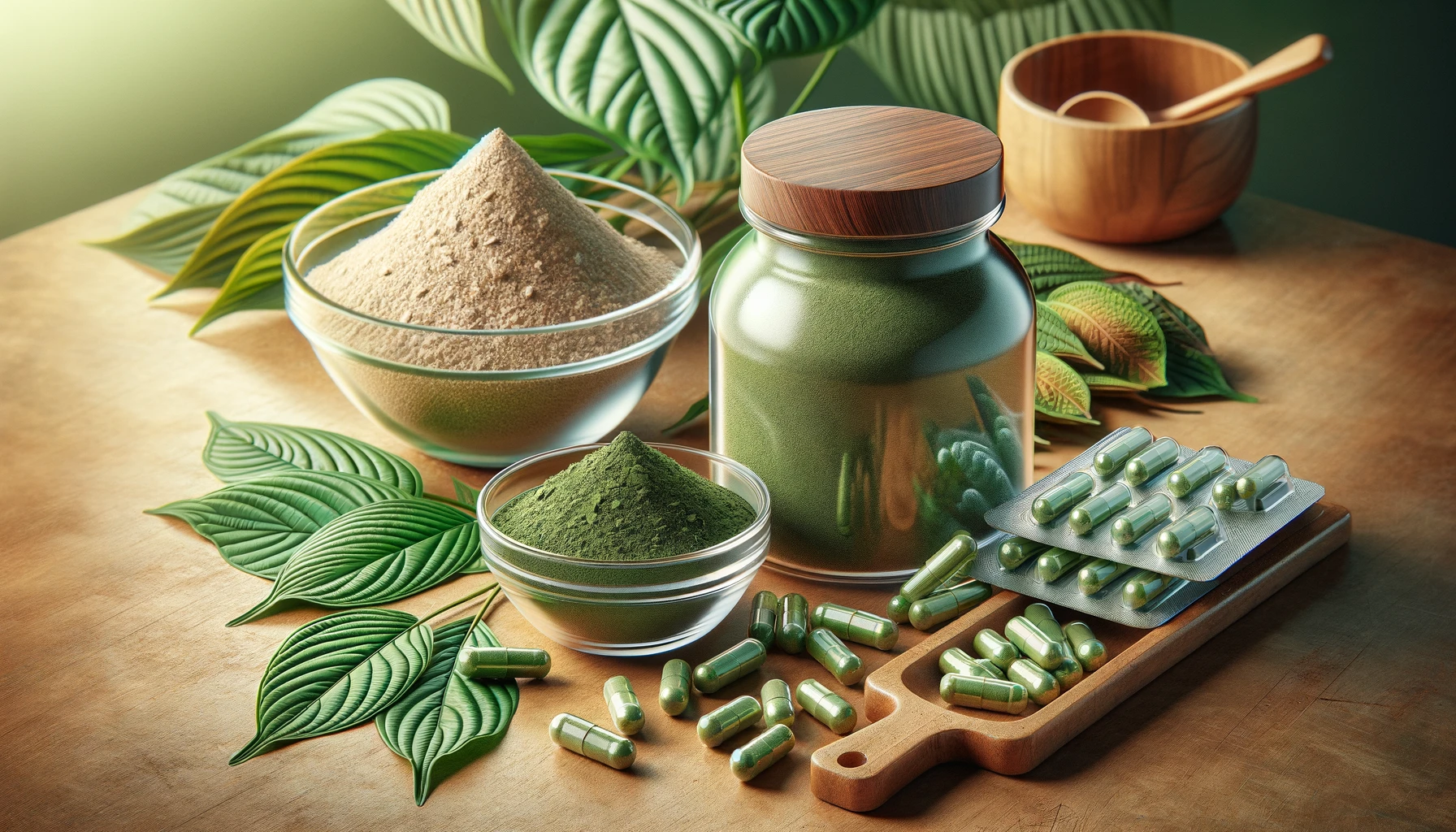 Create a hyper-realistic image showcasing various forms of kratom products without any specific brand labels. Include finely ground green powder in a clear jar, dried crushed leaves in a glass bowl, and capsules arranged neatly on a wooden table. Ensure that all items have different textures to highlight their unique forms. Add a small measuring spoon beside the powder and a leafy plant in the background for a natural aesthetic.