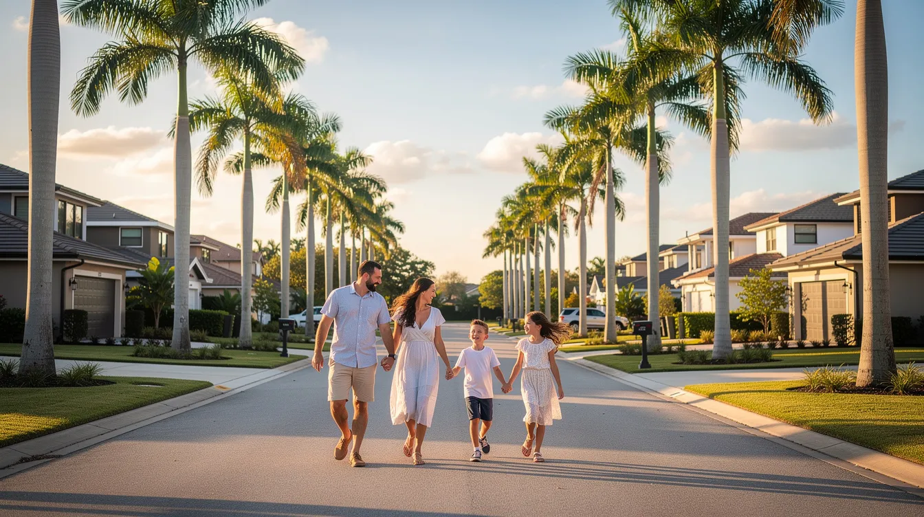 A family strolls through a sunny suburban neighborhood lined with palm trees, enjoying the warm weather and each other's company. The scene captures a sense of community and relaxation, perfect for a leisurely day outdoors.