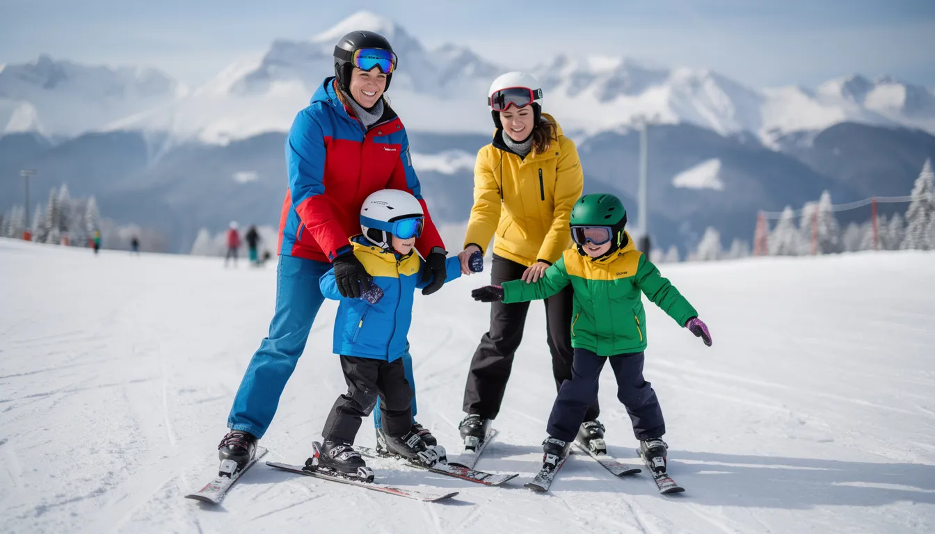 Na łagodnym stoku narciarskim widoczna jest rodzina z dziećmi, wszyscy ubrani w kolorowe kurtki narciarskie, kaski i spodnie narciarskie. Dzieci cieszą się zimowym szaleństwem, a ich strój narciarski zapewnia im komfort termiczny i ochronę przed zimnem.